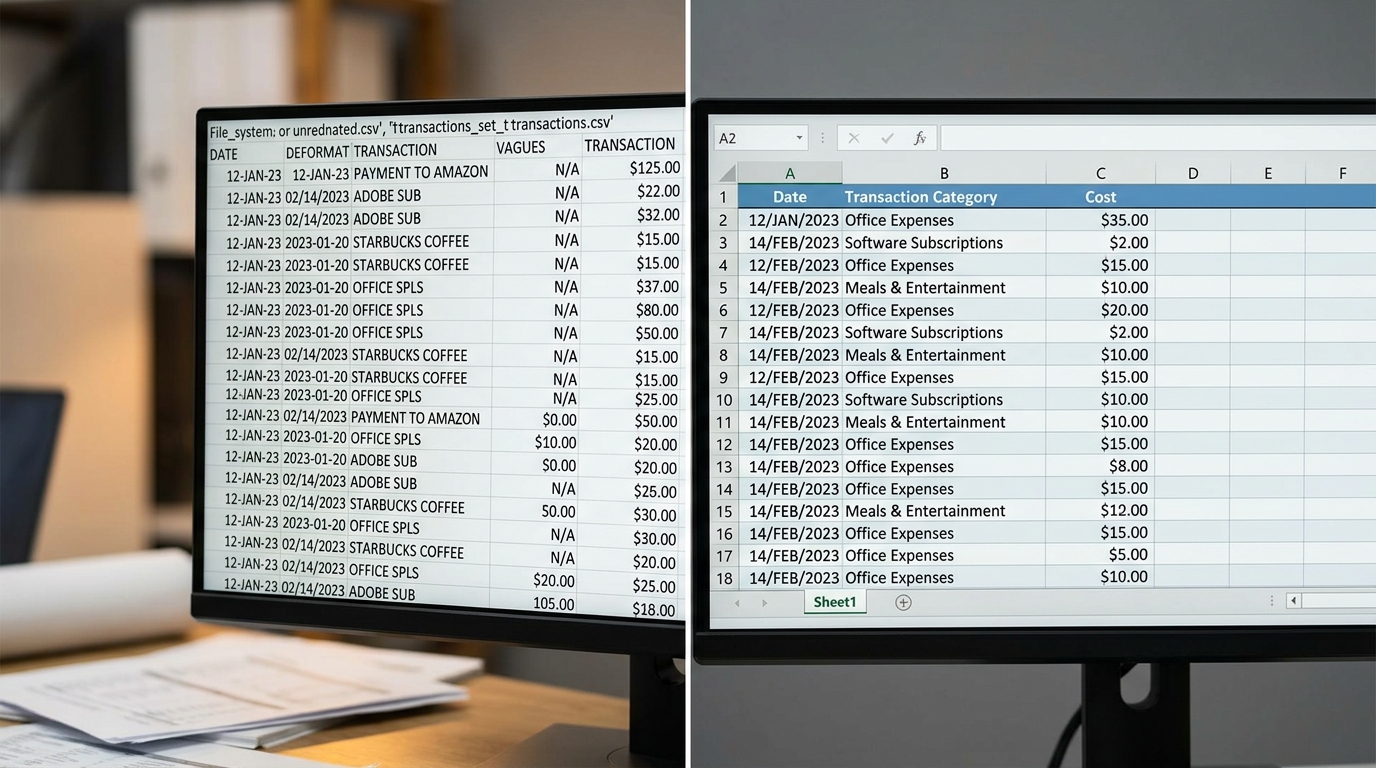 Messy transaction data with inconsistent date formats and descriptions on the left versus the cleaned, normalized Excel output Claude returned on the right
