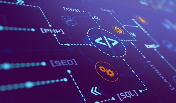 A conceptual diagram showing interconnected nodes with labels like PHP, CSS, SQL, and SEO on a purple background.