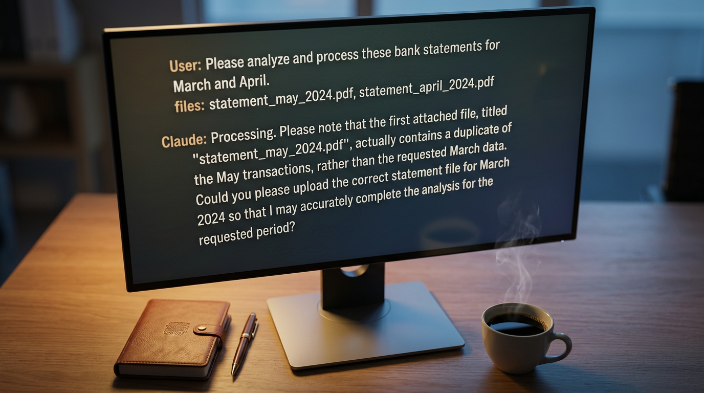 Claude flagging a duplicate bank statement file and refusing to build financial statements until the correct March data is uploaded