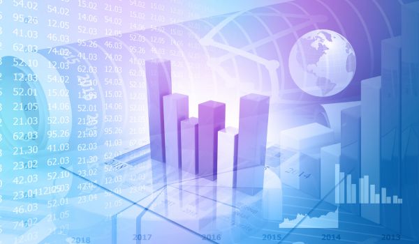 A conceptual digital overlay showing numerical data tables, bar charts, and a globe in shades of blue and purple.