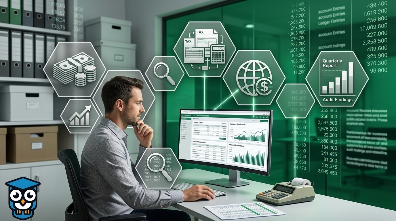 A man sits at a computer looking at financial dashboards. Floating hexagonal icons around him show money, tax documents, a globe, and audit findings, representing various data sources in an information system.