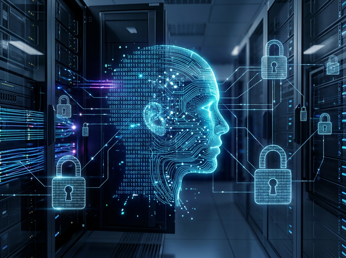 A series of glowing blue digital padlock icons on a dark grid, with one large padlock in the foreground featuring orange accents.