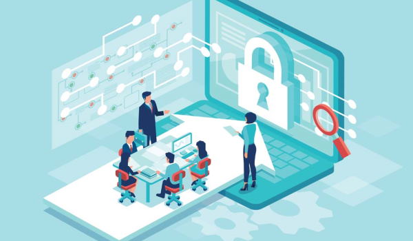 An isometric illustration showing a group of people working at a desk that is part of a large laptop screen displaying a giant padlock and digital network nodes.