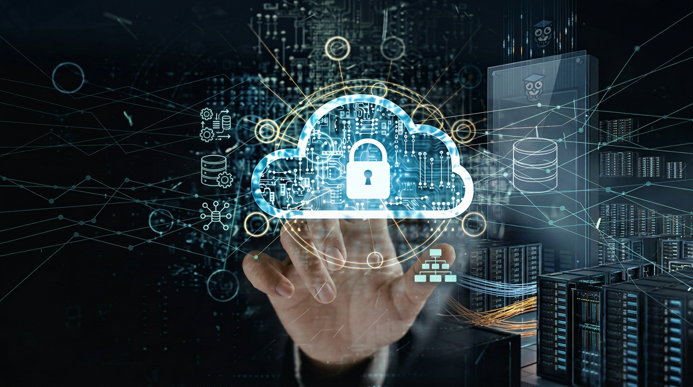 A hand reaching toward a holographic cloud icon containing a padlock, surrounded by server rack imagery and digital data nodes.