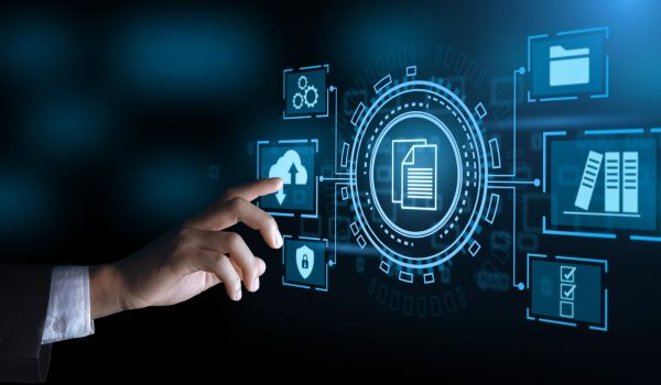 A hand touches a glowing digital interface displaying icons for cloud storage, file folders, security shields, and document checklists.