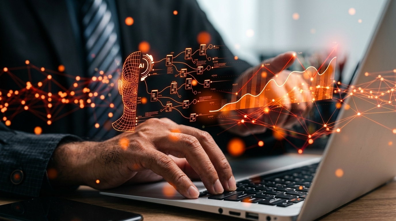 A person in a suit using a laptop with an orange glowing digital overlay showing a human head outline, a bar chart, and interconnected data nodes.
