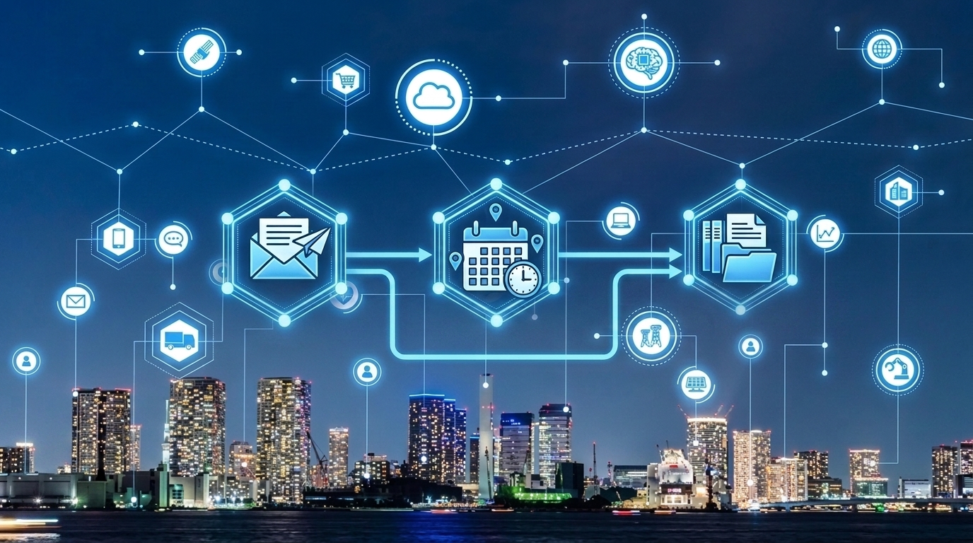 A digital graphic over a city skyline showing icons for email, a calendar, and files connected by arrows in a linear workflow.