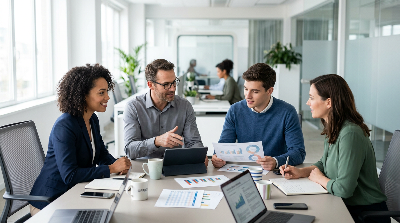 Four professionals sitting around a conference table in a bright office, discussing data on charts and a tablet.